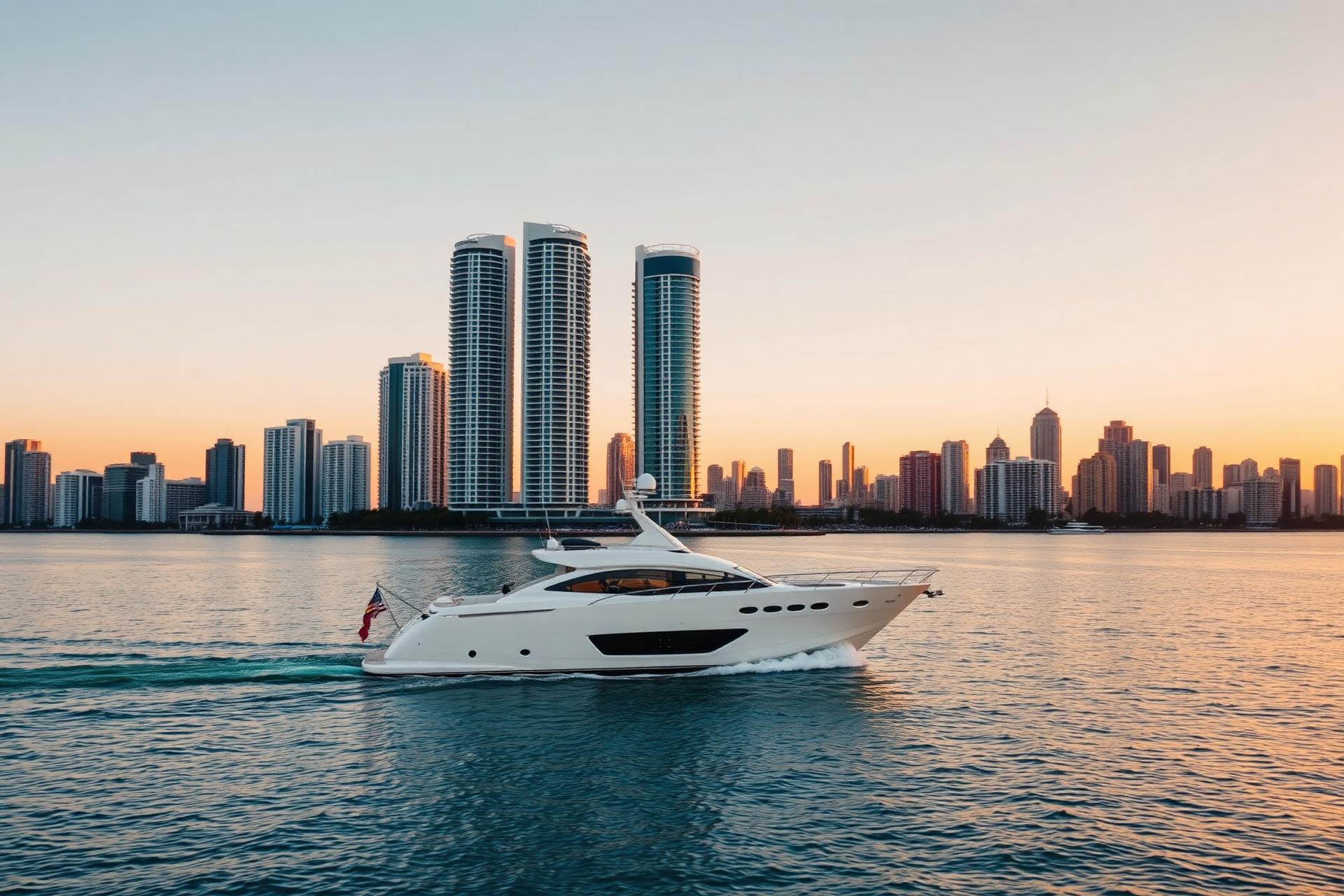 Private luxury yacht charter on Biscayne Bay at sunset in Miami